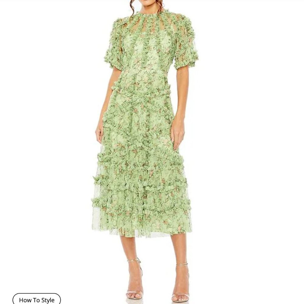 NWT Mac Duggal Floral Flutter Sleeve Mesh Print Dress - Sage Multi - size 8